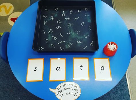 In one of today's Phase 2 Phonics activities, the children were given s, a, t or p to find in the tuff spot and rub out with their cotton bud. A bit of glitter made it sparkle! #phonics #phase2 #letterrecognition Phase 2 Phonics Activities, Tuff Spot Ideas, Rwi Phonics, Letters Activities, Phase 2 Phonics, Reception Activities, Kids Activities At Home, Tuff Spot, Eyfs Classroom