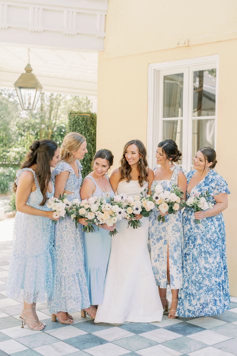 French Blue Wedding Bridesmaid, Wedding Without Bridal Party, Blue And White Bridesmaid Dresses, Wychmere Wedding, Mismatched Blue Bridesmaid Dresses, Toile Wedding, William Aiken House Wedding, Hamilton Wedding, Light Blue Bridesmaid