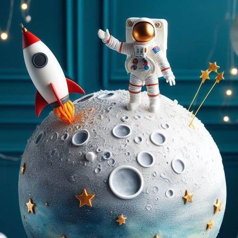 Birthday Cake Space Theme, Astronaut Cake Birthday, Astronaut Theme Birthday Cake, Space Cake Ideas, Astraunaut Cake, Moon Cake Ideas, Astraunot Cake Design, Moon Birthday Cake, Unicorn Astronaut Cake