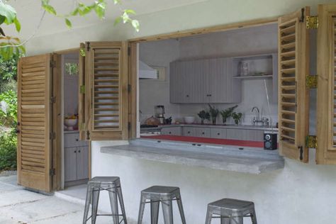 Concrete Sofa, Kitchen Window Bar, Kitchen Shutters, Communal Kitchen, Patio Remodel, Outdoor Grill Station, Outdoor Restaurant Design, Indoor Outdoor Kitchen, Cabin Tiny House