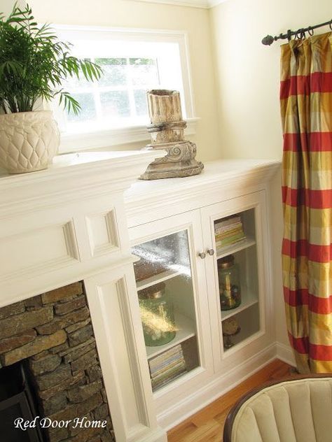 Living Colors, Fireplace Built Ins, Family Room Fireplace, Fireplace Remodel, Home Fireplace, Built In Cabinets, The Fireplace, Cabinets Kitchen, Red Door