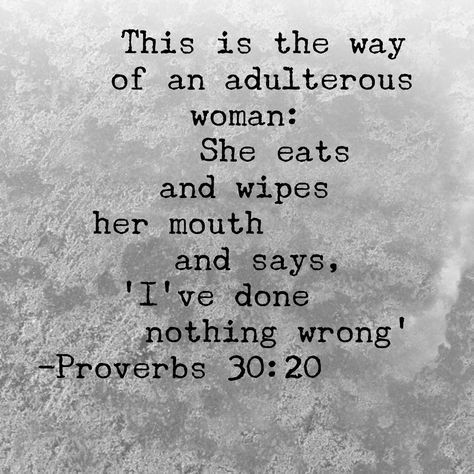 "This is the way of an adulterous woman: She eats and wipes her mouth and says, 'I've done nothing wrong.' Unforgettable Quotes Woman, Quotes About Objectifying Women, Unhinged Woman Quotes, The Woman Was Too Stunned To Speak, Women Scorned Quotes, Adulterous Woman, Deadbeat Parents, Proverbs 30, Unveiled Wife