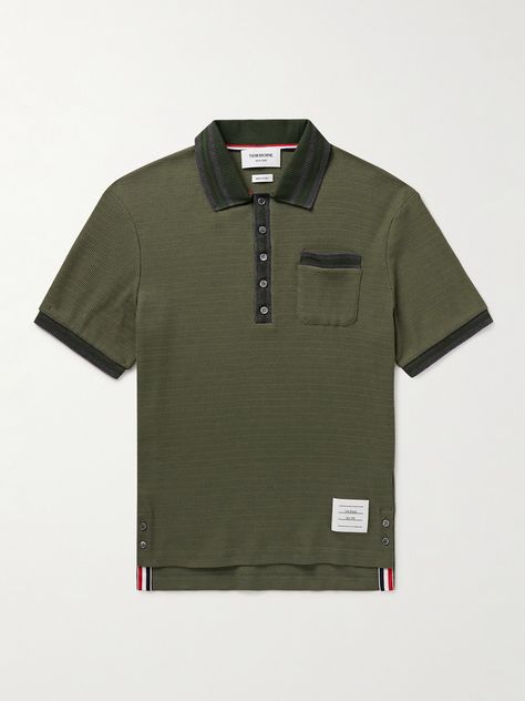 Thom Browne's polo shirt is designed with plenty of signature details like a logo patch and button-fastening side slits trimmed with tricolour grosgrain. It's pointelle-knitted from cotton and finished with contrasting stripes. Wardrobe Edit, Cotton Polo Shirt, Loungewear Shorts, Casual Blazer, Short Suit, Cotton Polo, Suede Jacket, Thom Browne, Knit Cotton