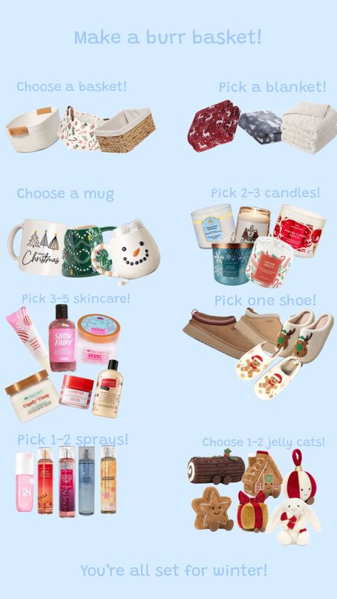 Make a burr basket ❄️🌨️🎄 Christmas Present List, Christmas Sleepover, Girly Christmas Gifts, Apple Christmas, Diy Best Friend Gifts, Birthday Basket, Girly Christmas, Winter Candy Apple, Cute Gifts For Friends