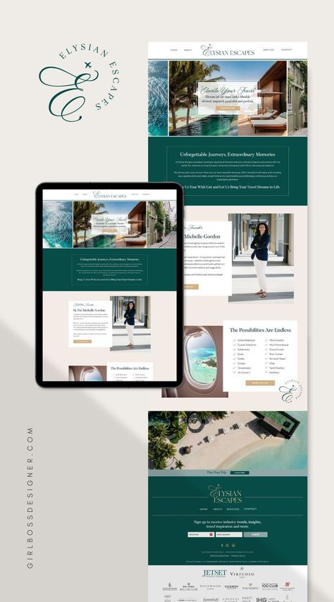 Elysian Escapes believes traveling is a journey of the heart and soul, a chance to explore and connect with the world. Michelle chose to go with our Website Template Customization service! Her website is based on our Venice Travel Showit website template, available inside the Girlboss Designer shop. With our Website Template Customization service, we take care of everything from importing the template to launch while leaving the template structure in place. See more here! Travel Agent Website Design, Travel Blog Design, Brain Quest, Travel Website Design, Website Planning, Showit Website Design, In Flow, Book And Magazine Design, Showit Website Template