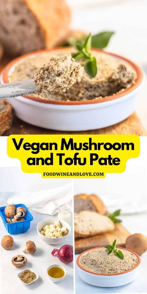 Mushroom and Tofu Pate Vegan Mushroom Pate Recipe, Mushroom Pate, Vegan Pate, Mushroom Vegan, Pate Recipes, Vegan Party, Vegan Mushroom, Sliced Bread, Red Bowl