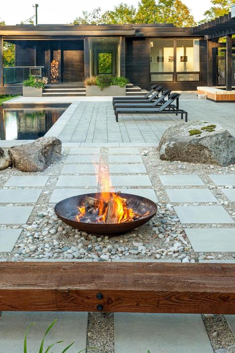 Patio and firepit Outdoor Yoga Space, Modern Manor, Hardscape Backyard, Low Maintenance Backyard, Backyard Getaway, Modern Courtyard, Fire Pit Landscaping, Backyard Designs, Garden Art Ideas