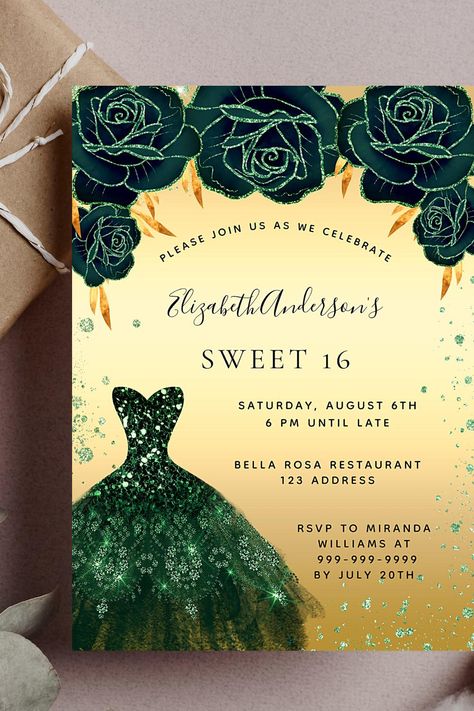 Sweet 16 emerald green gold dress floral invitation Green And Gold Dress, 16 Invitations, Sweet 16 Invitations, Floral Invitation, Gold Dress, Dress Floral, Green Gold, Sweet 16, Green And Gold