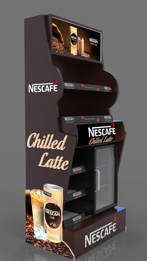 Nescafe Chilled Latte Gondola with Chiller Coffee Retail Display, Small Shop Design, Coffee Merchandise, Coffee Display, Resturant Design, Supermarket Display, Pos Design, Retail Design Display, Grocery Store Design