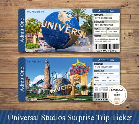 Surprise Universal Trip Ticket Universal Gift Ticket Boarding Pass Printable Trip Ticket Surprise Universal Studios Universal Trip - Etsy Australia Surprise Trip Reveal Ideas Kids, Boarding Pass Printable, Universal Studios Tickets, Surprise Trip Reveal, Universal Trip, Disney Trip Planning, Christmas Surprise, Universal Gift, Reveal Ideas