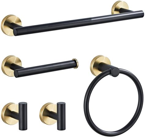 PRICES MAY VARY. --Unique Design: Unique round shape and hidden mounting screws design, elegant and modern looking will fits well with your home decor. --Delicate Matte Black And brushed gold finish :won't display any spots and resist daily scratches. It can keep the smooth and flawless appearance easily --Easy to Install: Screw mounted installation, instructions and mounting hardware are included, can be easily mounted on a variety of surfaces --Top Quality Material : High premium 304 stainless Gold Bathroom Hardware, Black Bathroom Hardware, Bathroom Towel Ring, Gold Bad, Hand Towel Ring, Black And Gold Bathroom, Gold Bathroom Accessories, Bathroom Hardware Set, Gold Bathroom