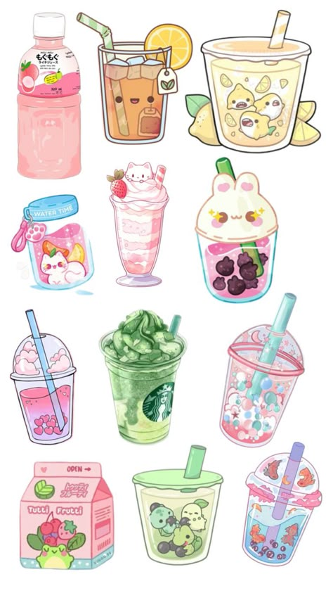 Cute Drink Drawings, Foodcore Aesthetic, Cute Sketchbooks, Cute Small Drawings, Cute Drinks, Japanese Drinks, Animal Keychain, Paper Toys Template, Dreamy Artwork