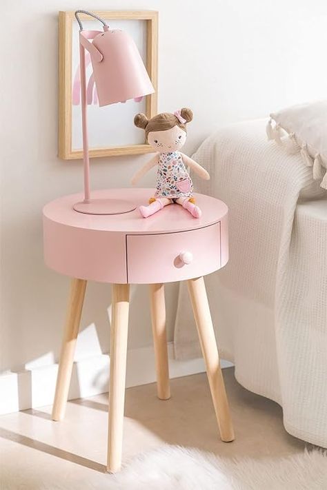 Offers a stylish elegance to your bedroom with our beautiful bedroom nightstand. On simple beauty furniture, this adaptable rounded end table combines economy and style. your living area space with this beautiful round-shaped end table. put together and modify their locations, the ageless style of this unique side table bedroom fits nicely with any decors. Girl Bedside Table, Pink Nightstands, Bedroom 2023, Small Round Side Table, Kids Bedside Table, Unique Side Table, End Tables With Drawers, Прикроватные Тумбочки, Side Table With Drawer