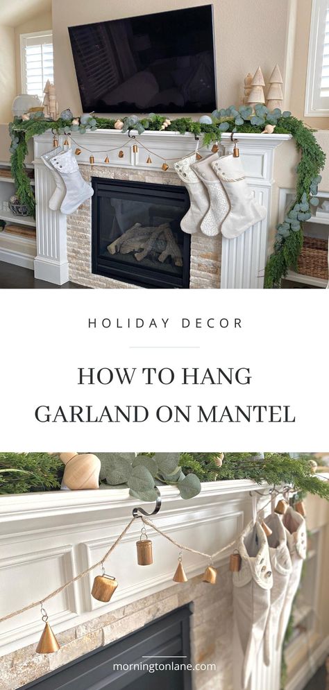 Garland On Mantle With Tv, How To Hang Garland On Mantle, How To Hang Stockings On Mantel, How To Attach Garland To Mantle, Hanging Garland On Mantle, Garland On Mantle, How To Hang Garland On Mantel, Stone Mantle, Holiday Fireplace