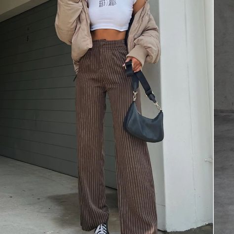 Never Worn Didn’t Fit Me Super Cute But Don’t Fit :( Pin Stripe Pants Women, Striped Slacks Outfit, Brown Striped Pants Outfit, Brown Pinstripe Pants Outfit, Pin Stripe Pants Outfit, Black Trousers Outfit Casual, Striped Jeans Outfit, Stripped Pants Outfit, Striped Trousers Outfit