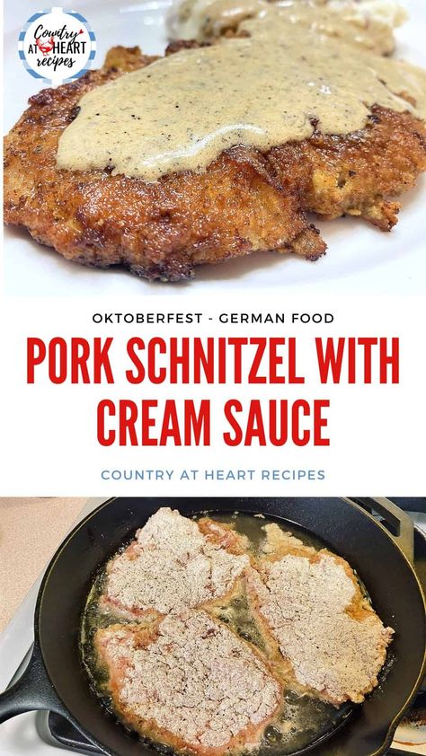 Pork Schnitzel with Cream Sauce is one of our favorite comfort dinners. It works well for a Sunday dinner or for your next Octoberfest celebration. #porkschnitzelwithcreamsauce #maindishes #pork #germancuisine #oktoberfest #dillcreamsauce #porktenderloin #germanfood #breadedmeat #friedfoods #castironskillet #countryatheartrecipes https://countryatheartrecipes.com/2020/06/pork-schnitzel-with-cream-sauce/ Weiner Snitzel Recipe, German Pork Recipes, German Pork Chops, Pork Schnitzel Recipe, Pork Cutlet Recipes, Food Authentic, German Food Authentic, Schnitzel Recipes, Pork Schnitzel