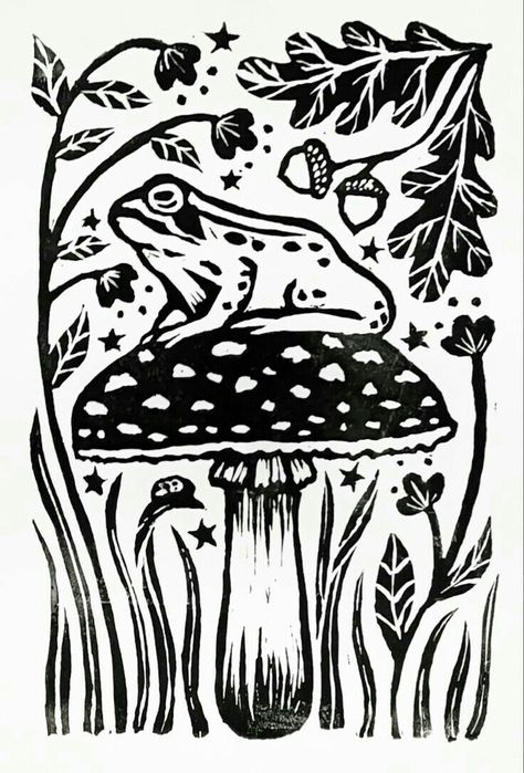 Linoleum Printmaking Patterns, Frog Block Print, Witch Linocut, Linoleum Print Ideas, Toad Mushroom, Toad Stool, Block Print Art, Funny Cat Art, Mushrooms Art