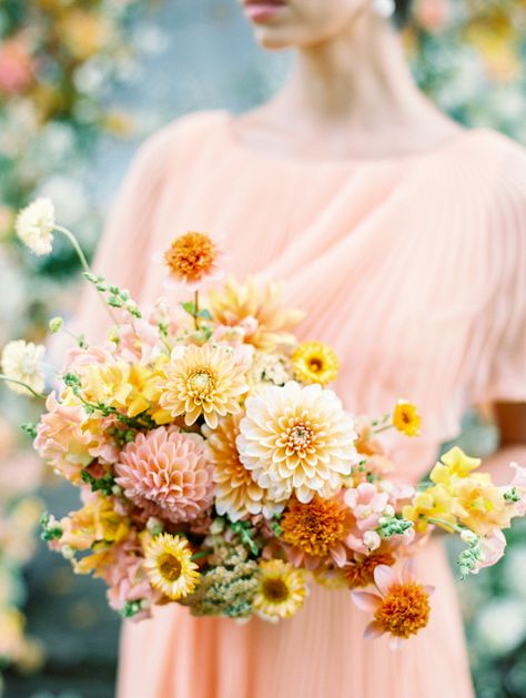 Dahlia Wedding Bouquets, Dahlias Wedding, Dahlia Bouquet, Orange Wedding Flowers, Yellow Bouquets, Yellow Wedding Flowers, Floral Business, Orange Sherbet, Summer Bouquet