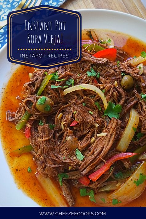 Instant Pot Ropa Vieja is simply down right delicious and easy to make! This shredded beef recipe is great for taco night and family dinners. Enjoy this authentic Cuban Recipe with friends and family and it won't disappoint! Best of all, this slow cooker- instant pot recipe will quickly become one of your faves! #ChefZeeCooks #InstapotRecipes #RopaVieja #CubanRecipes #EasyDinners Ropa Vieja Recipe, Shredded Beef Recipe, Cuban Recipe, Braised Brisket, Cooking With White Wine, Instant Pot Recipe, Using A Pressure Cooker, Shredded Beef, Taco Night