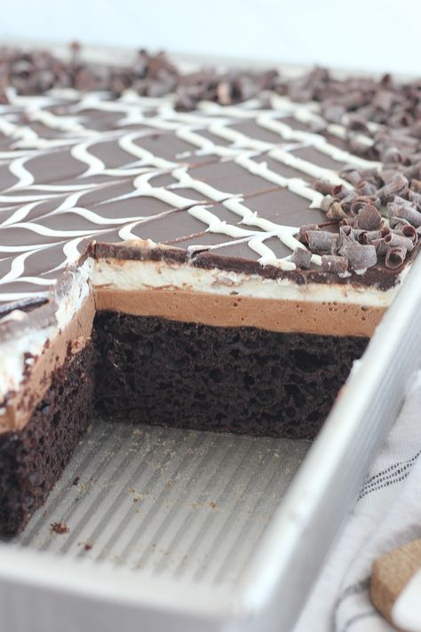 Decadent Tuxedo Sheet Cake - Baking with Blondie Baking With Blondie, Chocolate Sheet Cake, Sheet Cake Recipes, Sheet Cake Pan, Rich Chocolate Cake, Chocolate Shavings, Cake Baking, Mousse Cake, Chocolate Cake Recipe