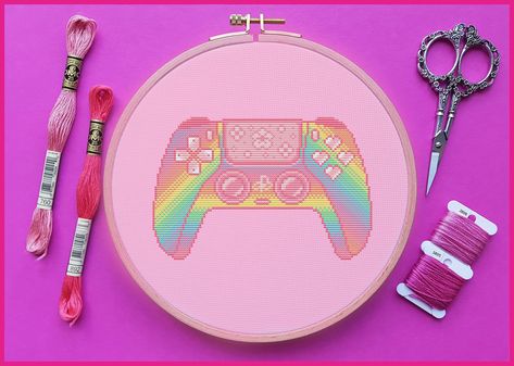 Gaming Cross Stitch, Cross Stitch Rainbow, Game Cross Stitch, Stitch Kawaii, Stitch Rainbow, Rainbow Cross Stitch, Kawaii Cross Stitch, Pixel Pattern, Fiber Arts