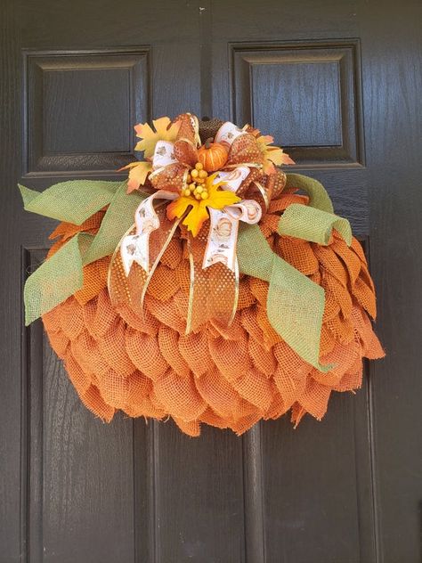 Mesh Pumpkin, Burlap Pumpkin Wreath, Summer Burlap Wreath, Burlap Pumpkins, Fall Pumpkin Decor, Fall Thanksgiving Wreaths, Orange Wreath, Burlap Projects, Burlap Curtains