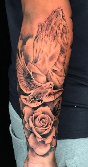 Doves And Flowers Tattoo, Dove Sleeve Tattoo For Men, Dove And Roses Tattoo, Dove Tattoo Women, Dove Tattoo Men Forearm, Rose Dove Tattoo, Shaded Tattoo Ideas, Catholic Tattoos Sleeve, Dove Tattoos For Men