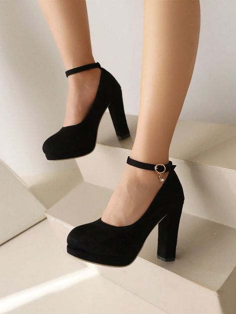 Black  Collar     Embellished   Women Shoes Black Evening Shoes, Ankle Strap Chunky Heels, Cute Shoes Heels, Black Platform Heels, Fancy Shoes, Chunky High Heels, Platform Heels Chunky, Ankle Strap Pumps, Strap Pumps