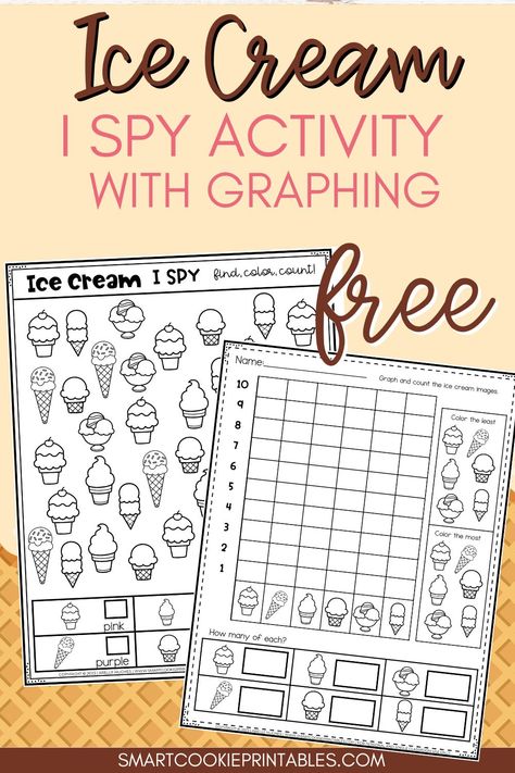 Free Ice cream I Spy Activity Printable for kids I Spy Ice Cream, Ice Cream Puzzle Free Printable, Ice Cream Bingo Printable Free, Ice Cream Worksheet, Graphing Kindergarten, Ice Cream Activity, Ice Cream Activities, Graphing Games, Bingo Printable Free