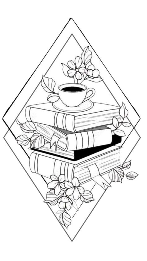 Bookish Art Drawings, Bookish Coloring Pages, Books And Coffee Tattoo, Book Drawings, Bookish Tattoos, Bookshelf Art, Beautiful Tattoo, Tattoo Sketch, Book Tattoo