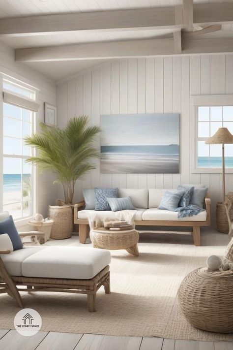 Ever dreamt of living by the sea? Let's bring that dream home! 🌊 With our coastal decor tips, you can transform your space into a beachy paradise. Think nautical accents, soft blues, and natural textures. Whether it's a full makeover or just a splash of seaside charm, we've got you covered. Dive in and let the ocean vibes flow through your home. Perfect for ocean lovers or anyone craving a touch of tranquility. 🏖️#CoastalDecor #BeachVibes #HomeInspiration #NauticalStyle #OceanLovers Living Room Decor Beach Coastal Style, Room Decor Beach, Beachfront Apartment, Comfy Space, Beach Decor Living Room, Green Village, Upcycle Decor, Budget Friendly Decor, Ocean Vibes