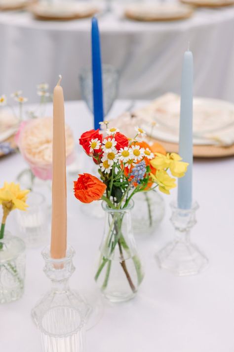 Wildflower Centerpiece Wedding, Wildflower Tablescape, Smilax Greenery, Aisle Arrangements, Wildflower Centerpieces, Table Place Settings, Wedding Vibes, Sweetheart Table, Taper Candles