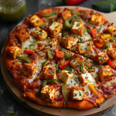 Homemade Paneer Pizza is a delightful and flavorful fusion of Indian and Italian cuisines. This vegetarian pizza features a homemade paneer tikka topping, which is a popular Indian dish made from cubes of paneer (Indian cottage cheese) marinated in spices and yogurt. The creamy and slightly spicy paneer tikka pairs perfectly with the classic pizza base and toppings, creating a unique and mouthwatering pizza experience. Tikka Masala Pizza, Homemade Paneer, Paneer Pizza, Sandwich Recipes Indian, Tandoori Paneer, Romantic Breakfast, Veg Pizza, Paneer Dishes, Chicago Style Pizza