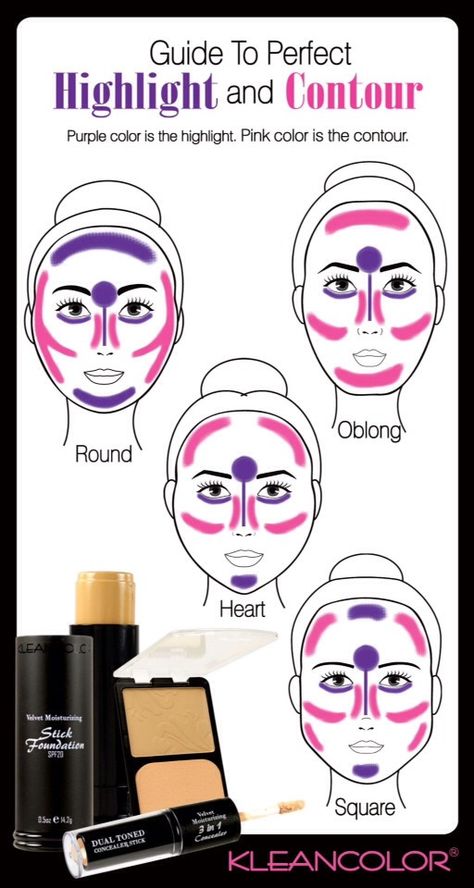 Purple is to highlight with a lighter color makeup and pink is for contouring with a darker color make up! Be sure to blend well with brush or sponge! Teknik Makeup, Highlight And Contour, Makeup 101, Make Up Inspiration, Natural Skin Tone, Foto Tips, Face Contouring, Contour Makeup, Contouring And Highlighting