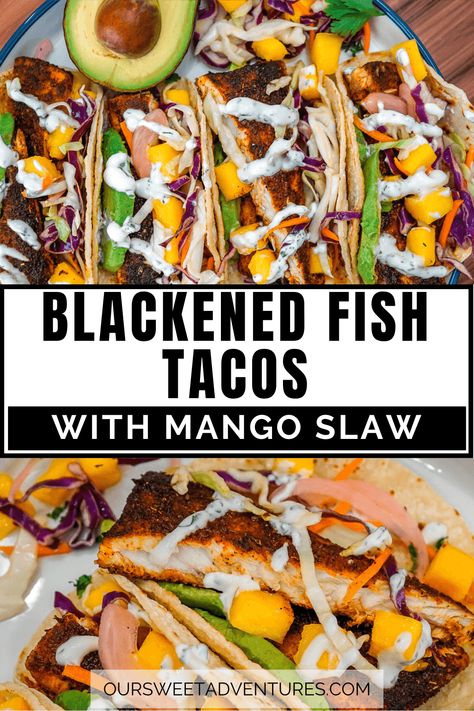 Mango Slaw Fish Tacos, Fish Tacos With Mango Slaw, Fish Taco Mango Salsa, Coleslaw Recipe For Fish Tacos, Fish Tacos With Slaw, Fish Taco Slaw, Mango Slaw Recipes, Avocado Lime Crema, Easy Fish Taco Recipe