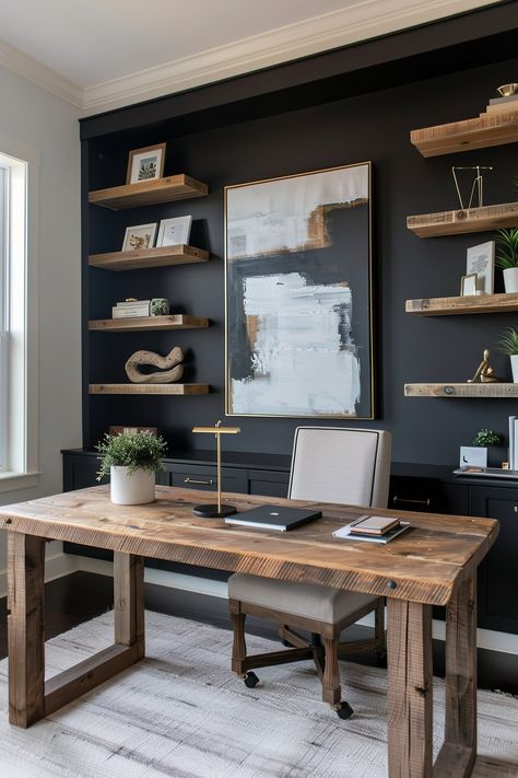 Desk With Accent Wall, Men Office Ideas Home, Masculine Office White Walls, Office Interior Design At Home, Navy Wall Office, Office Decor At Work Workspaces, Home Office With Bookcases, Dark Office Ideas For Men, Simple At Home Office