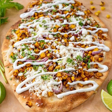 Elote Flatbread | Follow Your Heart® Elote Pizza, Vegan Elote, Corn Flatbread, Mexican Street Corn Elote, Corn Elote, Healthy Flatbread, Rocket Cake, Best Vegan Cheese, Better Food Choices