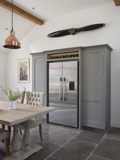 This bespoke fridge freezer housing is perfect for the grey kitchen, built using our traditional Original furniture #harveyjones #kitchens #greykitchen Built In Fridge Freezer, Small Cottage Kitchen, American Fridge, Barn Kitchen, Open Plan Kitchen Living Room, Kitchen Fridges, Furniture Cheap, Farmhouse Kitchen Cabinets, Smitten Kitchen