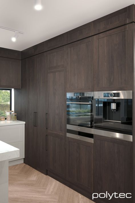 Perugian Walnut / Colours / Polytec Ceiling Feature, Hawthorne House, Minimalist Kitchen Design, Kitchen Range, Upper Cabinets, Kitchen Photos, Brown Tones, Minimalist Kitchen, Warm Grey