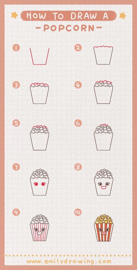 Easy Ways to Draw a popcorn - Learn How to Draw a popcorn - Learn How to draw a popcorn For Kids step by step. Draw this cute a popcorn easily by following this drawing lesson. How To Draw Popcorn, Drawing Tutorials For Kids, Being Creative, Basic Drawing, Easy Doodles Drawings, Drawing Tutorial Easy, Colored Pencil Drawing, Drawing Projects, Cute Doodle Art