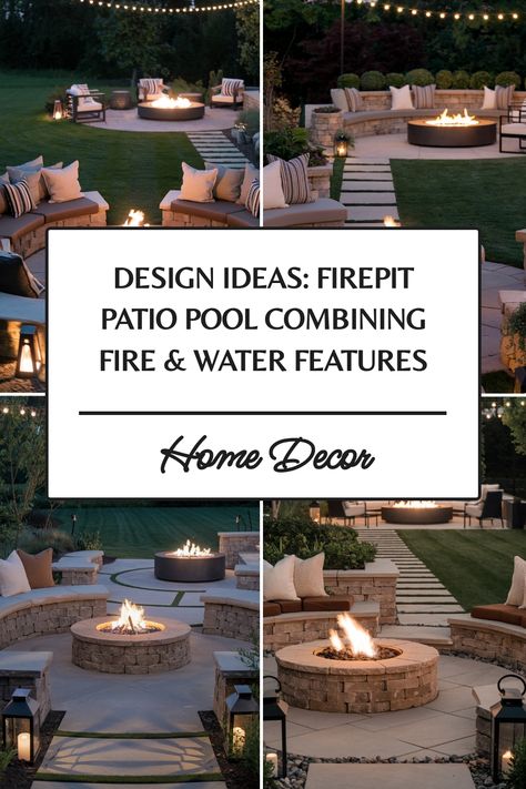 Firepit and patio design ideas for combining fire and water features in home decor. Patio Fire Pit Ideas, Paver Fire Pit, Outdoor Gathering Space, Fire Pit Ideas, Patio Pool, Outdoor Patio Ideas, Stone Fire Pit, Cozy Patio, Patio Fire Pit