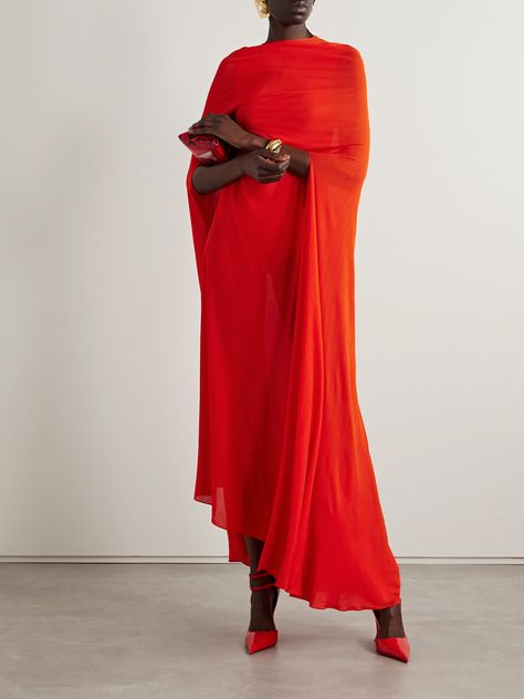 With a modest, kaftan-inspired design, Brandon Maxwell's gown is made from slinky stretch-crepe that flows elegantly over your frame before gently pooling at the floor. The outer layer can be removed entirely, revealing a chic mini dress made from the same material. Accessorize with heels and dangly earrings. Off The Shoulder Wrap Dress, Unique Modest Dresses, Brandon Maxwell Dresses, Modest Wedding Guest Dress, Wedding Guest Dress Inspiration, Chic Mini Dress, Champagne Dress, Crepe Gown, Brandon Maxwell