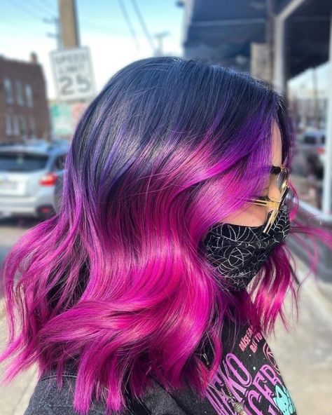 Black Hair with Dark Pink Ombre and Tints of Purple Pink And Purple Hair, Black Hair Ombre, Pink Purple Hair, Natural Brown Hair, Pink And Black Hair, Pink Ombre Hair, Magenta Hair, Purple Ombre Hair, Hot Pink Hair