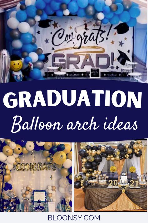 Graduation Party Balloon arch ideas, grad party decorations, decoration ideas, party decor, black & gold decor, backyard, affordable, cute & simple, easy, outdoor, trendy, hosting outdoor party ideas inspiration for high school, college or school graduation. Balloon arch, table decor, place settings, photo booth backdrop, congrats, banners, black gold confetti, centerpiece #graduationpartydecor #gradparty #graduationparty #gradpartydecor #outdoorparty #outdoorgradparty #balloonarch Graduation Backdrop Simple, Balloons As Centerpieces, Graduation Back Drops High Schools, Graduation Party Photo Booth Ideas, Outdoor Party Table Ideas, Balloon Photo Booth Backdrop, High School Graduation Balloon Arch, College Graduation Balloon Arch, Grad Balloon Ideas