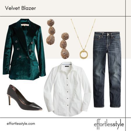 How to wear velvet this holiday season…. . Sharing a few fun outfit ideas this week including this velvet blazer look. It doesn’t get much better than a velvet blazer, and this emerald green one is a show stopper!! . Pair it with a button down, jeans, and heels for a very chic dressy casual look. And don’t forget the sparkle – love these rhinestone drop earrings for this time of year!✨ Velvet Blazer Christmas Outfit, Green Velvet Blazer Outfit Women, Emerald Green Velvet Blazer Outfit, How To Wear A Green Velvet Blazer, Velvet Business Blazer For Fall, Green Velvet Blazer Outfit, Velvet Blazer With Buttons For Work, Velvet Blazer For Business, Velvet Blazer Outfit Women