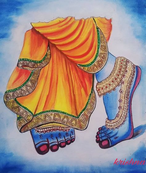 Krishna Ji Easy Painting, Krishna Legs Images, Krishna Legs Painting, Krishna Feet Drawing, Krishna Feet Painting, Krishna Rangoli Design Simple, Festive Drawings, Krishna Rangoli, Ready Rangoli