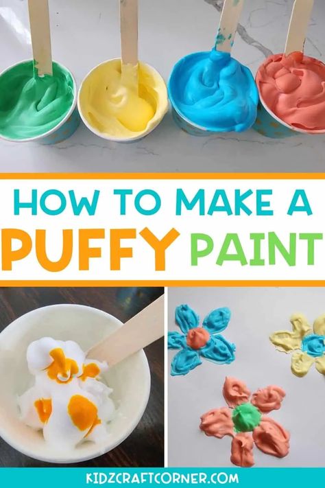 How To Make Puffy Paint With Shaving Cream - Kidz Craft Corner Paint With Shaving Cream, Make Puffy Paint, Glue And Food Coloring, Puffy Paint Crafts, Puffy Paint Recipe, Shaving Cream Art, Diy Puffy Paint, Shaving Cream Painting, Paint For Kids