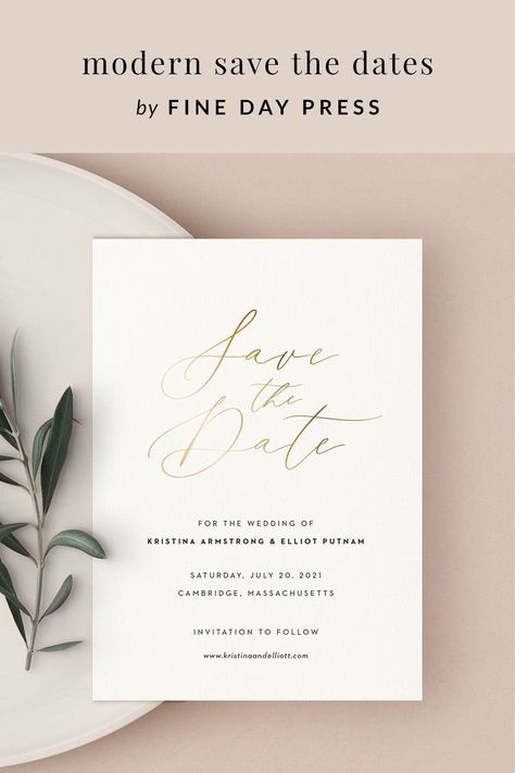 Modern yet elegant, our Gold Calligraphy Save the Date will share the news of your big day in style. Chic  minimalist design is professionally printed on luxe heavyweight, matte  120# cardstock. Pair it with our guest-addressed envelopes for easy  mailing, or make it a postcard! Save The Date Classy, Save The Date Simple Elegant, Gold And White Save The Date, Gold Foil Save The Date, Save The Date Gold Foil, Addressed Envelopes, Wedding Invitations With Pictures, Bridesmaids Ideas, Gold Save The Dates