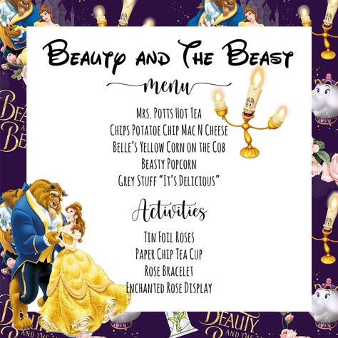 Disney Dinner Recipes From Movies, Disney Movie Dinner Theme, Disney Dinner Themes, Disney Dinner Menu Ideas, Disney Themed Movie Night Dinner, Beauty And The Beast Movie Night, Disney Dinners And Movies, Disney Dinner And Movie Night Envelopes, Disney Theme Movie Night Ideas