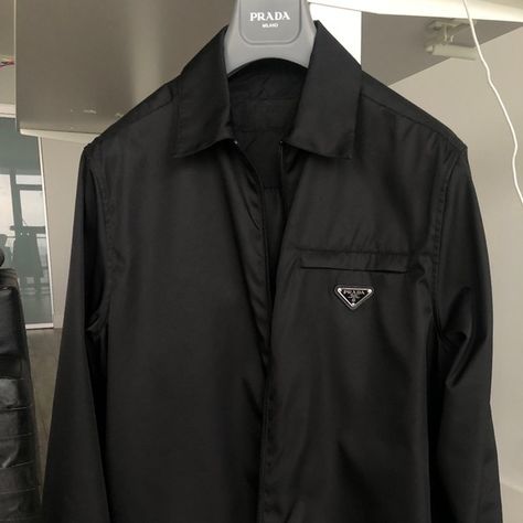 Prada Nylon gabardine shirt jacket (men's) (IT 46) Prada Leather Jacket Men, Prada Jacket Outfit, Prada Aesthetic Men, Prada Shirt Men, Prada Bag Men, Prada Jacket Mens, Prada Outfit Men, Shared Wardrobe, Prada Leather Jacket